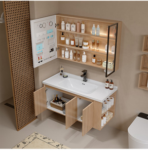 Modern Wall Mounted Bathroom Vanity With Led Mirror Ceramic Basin MDF Cabinet 60 In Light Wood Finish Minimalist Design - Product Image 4