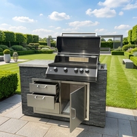 Cuisine extérieure en pierre culturelle noire imperméable avec tiroirs en acier inoxydable, barbecue à gaz, plan de travail en marbre, unité de cuisson de jardin