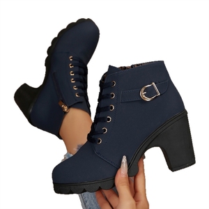 Bottines noires en faux daim pour femmes - Talon épais à lacets avec fermeture éclair latérale et détails métalliques pour un usage quotidien décontracté - Product Image 5