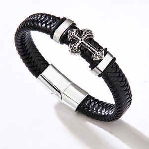 Cross <b>Leather</b> <b>Bracelet</b> Black Red Magnetic Clasp Men's Jewelry Gift Fashion Wrap <b>Bracelet</b> - Product Image 5