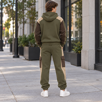 Ensemble jogging homme personnalisé avec sweat à capuche zippé, color block, 2 pièces, en molleton mélangé coton, avec poches cargo, pour tenue décontractée quotidienne