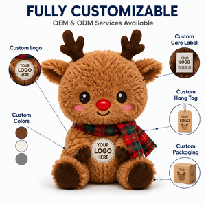 Reno de Peluche Suave y Peludo, <span class=keywords><strong>Rudolph</strong></span>, con <span class=keywords><strong>Nariz</strong></span> <span class=keywords><strong>Roja</strong></span> y Bufanda a Cuadros, para Regalo Navideño - Product Image 1