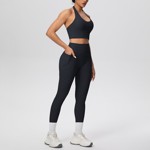 Nouveaux ensembles de yoga et de fitness pour femmes, de haute qualité, taille plus, compression, leggings, soutien-gorge, 5 pièces, tenues de sport avec poches - Product Image 3