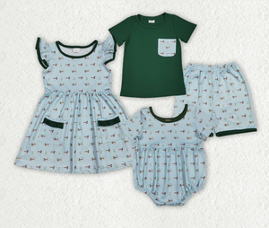 Sibling Baby Boys Girls Ducks Hunting Shorts Set Pockets Knee Length Dress Rompers - Product Image 5