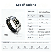 Bague Intelligente à Commande Vocale avec Microphone, Étanche IP68, Solution de Transcription Vocale IA Multilingue, Télécommande en Acier Inoxydable