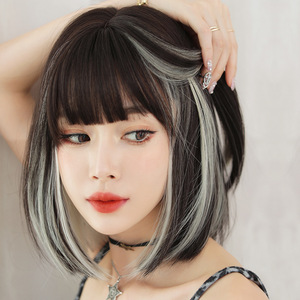 Perruque Bob Courte Synthétique Femme, Effet Amincissant, <span class=keywords><strong>Frange</strong></span> Droite, Boucles Inversées, Longueur Clavicule, Perruque Complète, Tendance Internet, Effet Highlight Peekaboo - Product Image 5