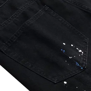 Oem Fabrikant Heren Op Maat Gescheurde Denim Gestapelde Jeans Broek Slim Fit Verf Jeans Heren