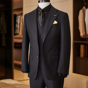 Abito da <span class=keywords><strong>uomo</strong></span> in lana nero notte a righe sottili OEM ODM Premium con revers a notch, <span class=keywords><strong>blazer</strong></span> formale di lusso per matrimoni e ufficio - Product Image 1