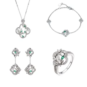 Großhandel Schmuck-Set Labor erstellt Smaragd Edelstein 925 Silber Halskette Ohrringe Armband Ringe Heiliger Patrick's Day Geschenk