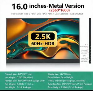 Moniteur portable en métal 16 pouces 2,5K 2560x1600 60Hz HDR, écran de voyage double HDMI Type-C pour <span class=keywords><strong>PC</strong></span>/téléphone/Switch - Product Image 2