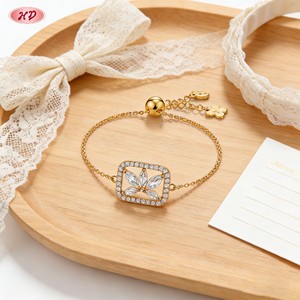 Bracciale Hengdian con Zirconi a Forma di Fiore e Cornice Quadrata Placcato Oro 18K, Bracciale Scorrevole da Donna per Uso Quotidiano - Product Image 2