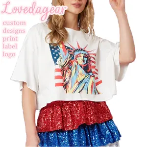 Loveda - Camisetas de manga curta com estampa de bandeira americana para mulheres, blusa de marca própria personalizada com estampa de bandeira americana e lantejoulas