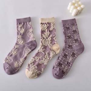 Wholesale Cotton Socks Autumn Winter New Retro Three Dimensional Relief Purple Korean Jacquard Socks Women's Mid Tube Hosiery - Product Image 3