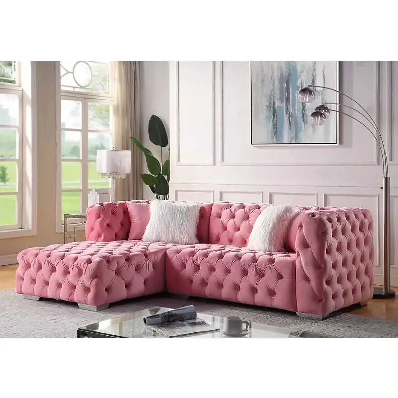 Classical Rustic Pink Color Full Button Tufted L Sectional Couch Upholstered Pink Velvet living room sofa set