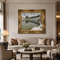 Pintura al Óleo de Lago de Montaña Invernal, Bosque Nevado con Reflejos, Arte de Pared de Paisaje Vintage, Marco de Madera, Tamaño Personalizado para Hotel