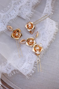 Fancy Gold Plating and Enamel Rhinestone Pearl Flower Bridal <strong>Hair</strong> <strong>Pins</strong> <strong>Wedding</strong> - Product Image 4