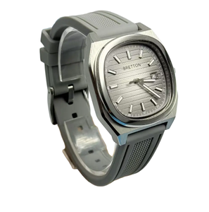 Orologio da <span class=keywords><strong>Uomo</strong></span> Quadrato con Quadrante Argentato a Strisce, Cinturino in Gomma Grigia, Display Data, Impermeabile, Movimento al Quarzo, Elegante Casual Business - Product Image 4
