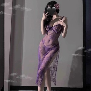 Purple Lace Sleepwear Set Women Sleeveless Sexy Nightgown With Slit Long Skirt Soft Polyester Fiber Uniform Style - Product Image 1