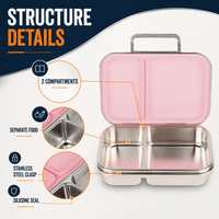 Boîte à lunch compacte à 2 compartiments en acier inoxydable sans BPA, compatible lave-vaisselle, joint en silicone LFGB, réutilisable, grande capacité, bento