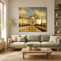 Tableau mural moderne sans cadre Taj Mahal Coucher de soleil, toile tendue, peinture à l'huile de paysage pour salon et hôtel