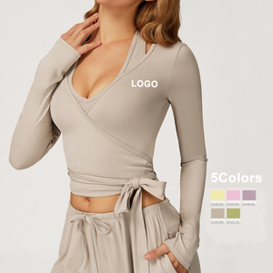 Top Femme Manches Longues Self Tie Dance V Neck Shirt Pilates <span class=keywords><strong>Yoga</strong></span> Tops Y2k Workout Active Blouses Pilates Ballet Wrap Top - Product Image 1