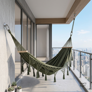 Hamaca de Lona Gruesa con Palo de Madera Maciza Antivuelco, Individual o Doble, para Acampar con Borlas, Color <span class=keywords><strong>Verde</strong></span> - Product Image 2