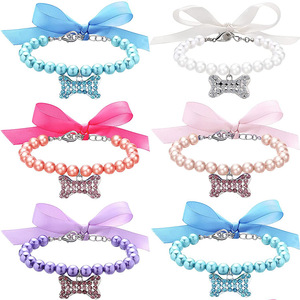 Lüks Pet inci kolye Bling köpek kedi inci yaka kolye papyon ile sevimli Pet süs köpek kemik kolye - Product Image 1