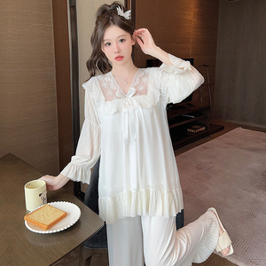 Primavera otoño sólido Pijamas mujer cuello en V conjuntos encaje ropa de dormir dulce suelto Paj conjunto estilo malla pijamas conjunto nuevo diseño camisones - Product Image 3