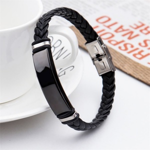 Fashion Magnetic Clasp Men's Stainless Steel Bracelet Custom <b>Engraved</b> logo Blank Charm Leather Bracelets - Product Image 3