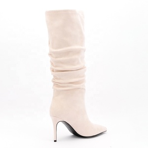 Light Soft Upper Pleated Pointy Toe Women's Boots Thin High Heel <b>Shoes</b> Denim Big Size 46 Knee High Boots - Product Image 5