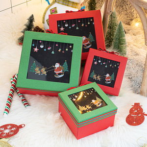 Christmas Gift Box <b>Square</b> Rigid Paperboard Red Green With Window Four-Color Printing Ribbon Decorative - Product Image 5