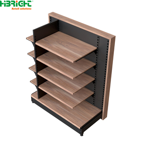 Wood Grain Retail Supermarket <b>Shelves</b> Gondola <b>Rack</b> Metal Free Standing Display Shelving for Store - Product Image 4