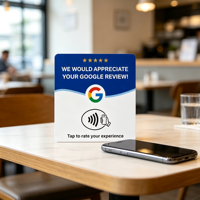 Support de table en acrylique 12 cm pour carte de commentaires Google, compatible NFC215, carte RFID passive haute fréquence 13,56 MHz, QR, OEM/ODM personnalisé