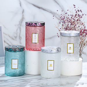 Factory wholesale embossed glass with lid color 500ml aromatherapy candle holder candle jar home decoration