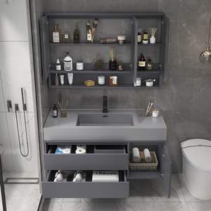 Liquidation Meuble sous-vasque carré de salle de bain moderne de luxe en PVC Armoire murale en bois avec miroir LED MDF <span class=keywords><strong>et</strong></span> évier résistants à l'eau - Product Image 4