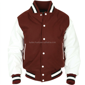 KVJ09 Veste universitaire en laine bordeaux pour hommes, manches en cuir blanc d'hiver, garniture bicolore, broderie, décoration, teint sans col - Product Image 4