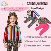 Ensemble de vêtements 3 pièces pour fillettes : Haut coloré à rayures Serape, pantalon léopard et bandeau léopard coordonné avec nœud – Personnalisation possible