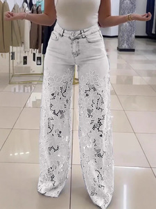 Jeans élégants pour femmes, chic, <span class=keywords><strong>grande</strong></span> <span class=keywords><strong>taille</strong></span>, dentelle ajourée, <span class=keywords><strong>taille</strong></span> haute, jambe <span class=keywords><strong>large</strong></span>, denim extensible - Product Image 2