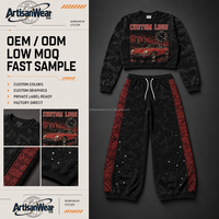 Ensemble décontracté pour homme personnalisé, haut à manches longues noir effet délavé avec motif véhicule et pantalon à cordon de serrage avec panne latérale rouge, OEM ODM