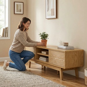 Console <span class=keywords><strong>TV</strong></span> moderne du milieu du siècle de 59 pouces pour téléviseurs de 43/55/65 pouces, meuble <span class=keywords><strong>TV</strong></span> avec portes coulissantes cannelées - Product Image 2