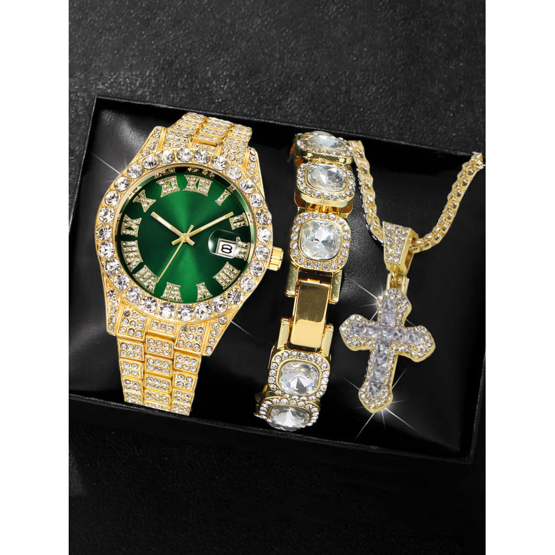 Montre vert doré + bracelet en or + collier