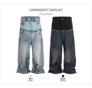 กางเกงยีนส์ทรงแบ็กกี้แบบสองชั้นสองเอวต่อผ้าสไตล์ดิสโทเรค ลายหนวดแมว สำหรับผู้ชายและผู้หญิง แฟชั่นสตรีทไฮสตรีท ทรงยูนิเซ็กส์ - Product Image 4