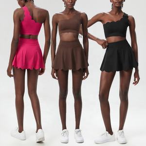 Bra Tank top olahraga Golf wanita, 2 buah pakaian latihan tanpa kelim bahu tenis atletik cepat kering Satu bahu Set rok - Product Image 3