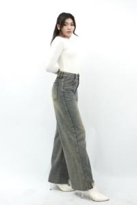 Pantalones vaqueros rectos de cintura alta Gris Cemento Retro 8840 Denim de moda transpirable lavable resaltar estilo sin esfuerzo cómodo verano - Product Image 2