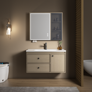 Tủ đựng đồ phòng tắm bằng gỗ nguyên khối hiện đại, gắn tường, có chậu rửa và gương thông minh dành cho khách sạn - Product Image 4