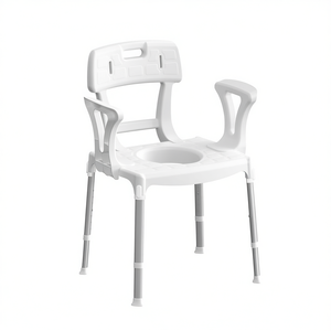 เก้าอี้นั่งขับถ่ายสีขาวพร้อมที่วางแขนและพนักพิงสำหรับอุปกรณ์ความปลอดภัยในห้องน้ำ - Product Image 2