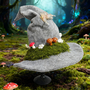 Sombrero de Bruja Luling Yaoyao, Talla Única, Fieltro Gris con Hongos y Flores, para Disfraces y Fiestas - Product Image 3