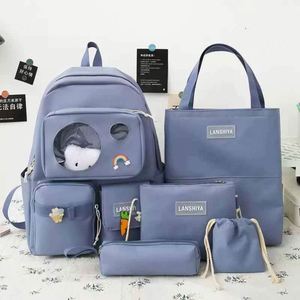 <b>Backpack</b> School 2024 <b>Canvas</b> Waterproof Solid Color Five-Piece Schoolbag Fresh Sweet Bear Large-Capacity <b>Backpack</b> - Product Image 1