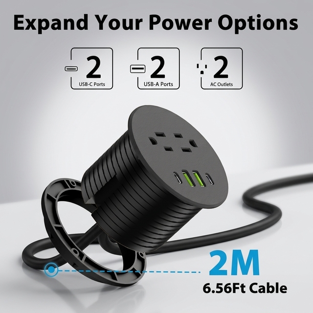 3 Inch Desktop Power Grommet 2 PD 65W USB-C Ports and 2 AC Outlets Furniture Recessed Desk Outlet