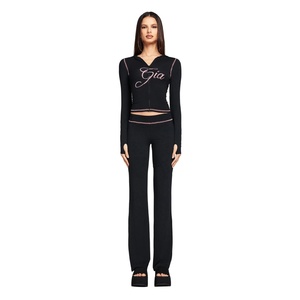 Set Felpa con Cappuccio Gia, <span class=keywords><strong>Stile</strong></span> Americano <span class=keywords><strong>Retrò</strong></span> Y2K per Donne, Reversibile con Stampa Lettering, Pantaloni a Vita Bassa, Completo Due Pezzi di Marca - Product Image 1